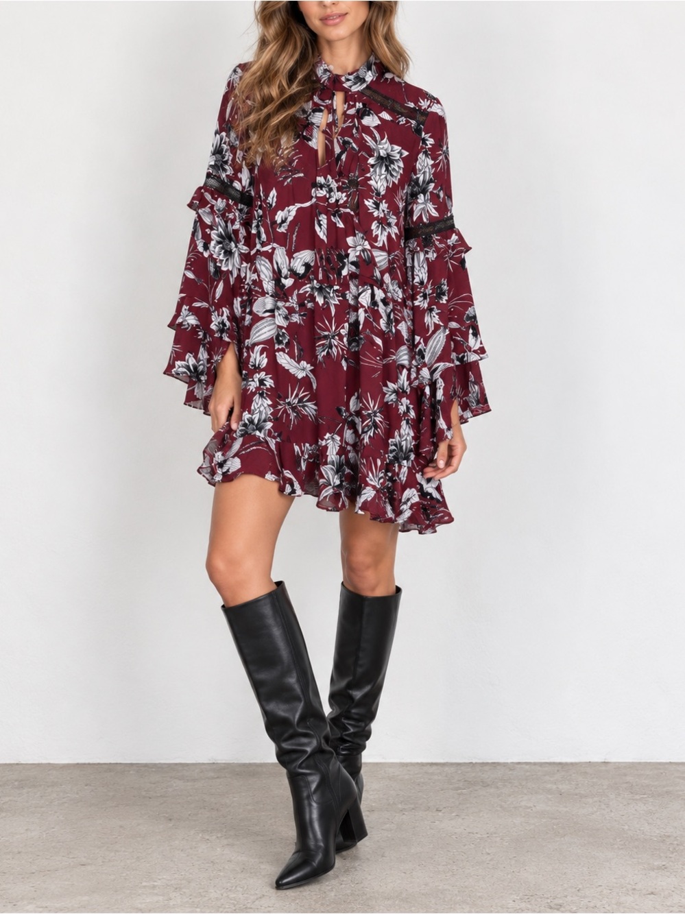 Parker Burgundy Floral Print Tiered Mini Dress Ruffle Mock Neck Small $278